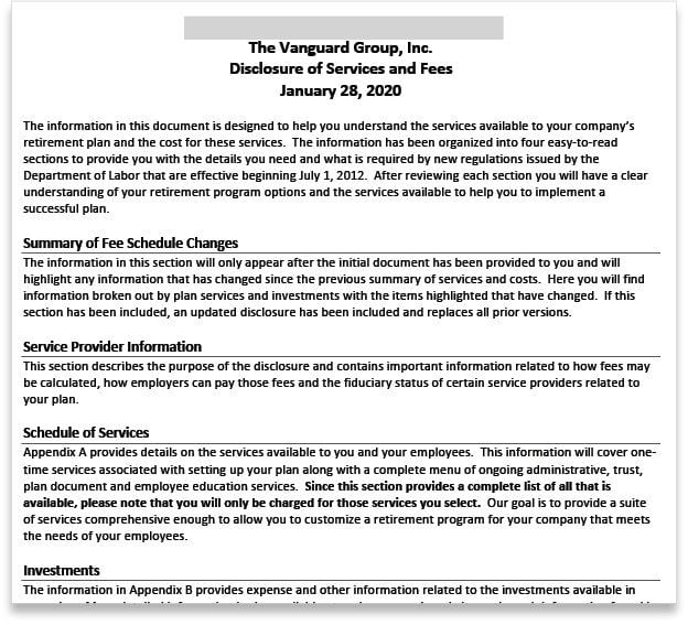 Vanguard Disclosure of Services and Fees