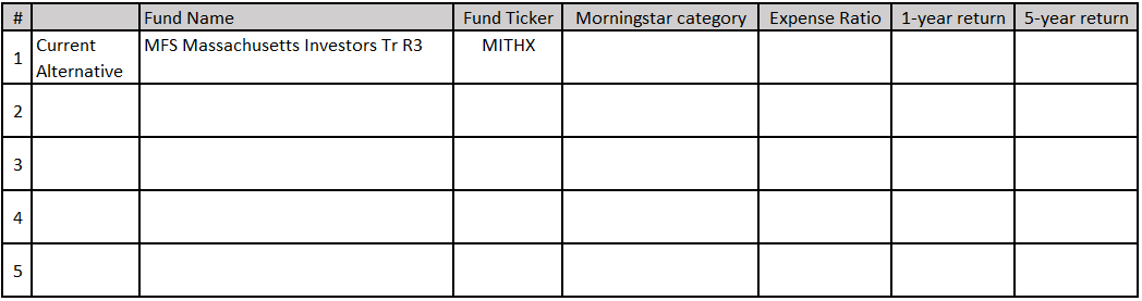 spreadsheet with one row with one fund name as an example